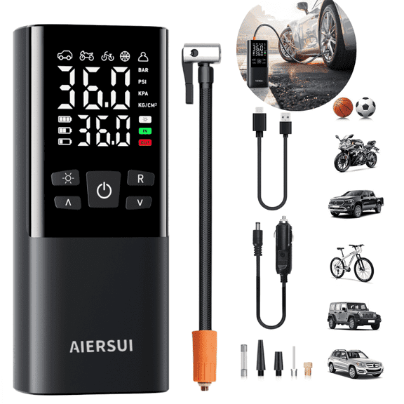 Rechargeable Portable Tire Inflator - 150 PSI Digital Pressure Gauge, Air Compressor for Car Tires with Auto Shut-Off, LED Emergency Light, Compact Car Air Pump