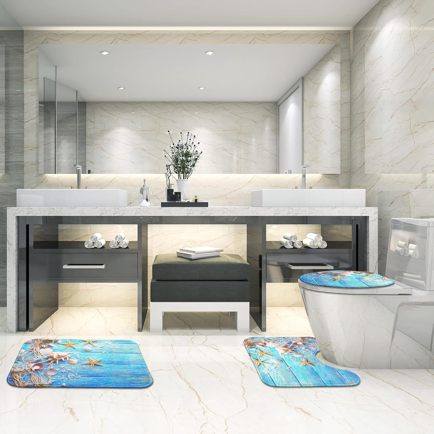 Sea Seashell Bathroom Rug Set of 3, Coastal Nautical 3 Pieces Bath Mats Set, Beach Series Blue Shells No Silp Washable Cover Floor Rug Decorations for Kitchen Bathroom Bedroom