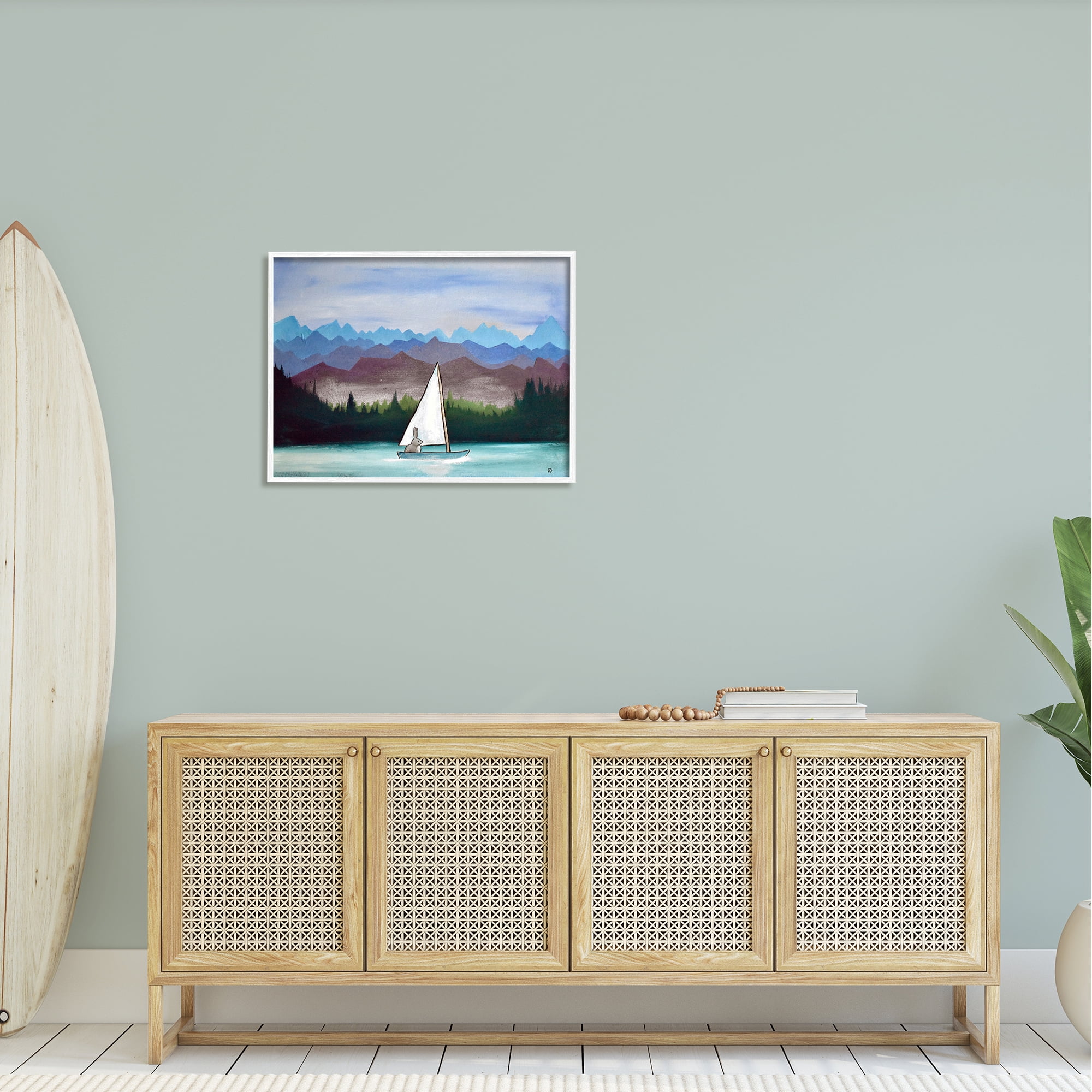 Stupell Industries Bunny Rabbit on Sailboat Vivid Distant Mountain Peaks Painting White Framed Art Print Wall Art, Design by Andrea Doss