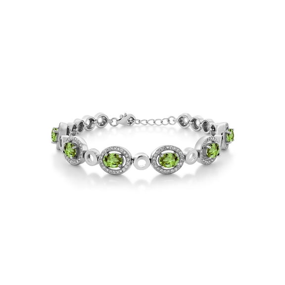 Gem Stone King 925 Sterling Silver Green Peridot Tennis Bracelet for Women  | 7.32 Cttw | Oval 7X5MM | Gemstone Birthstone | 7 inch with 1 inch Extender