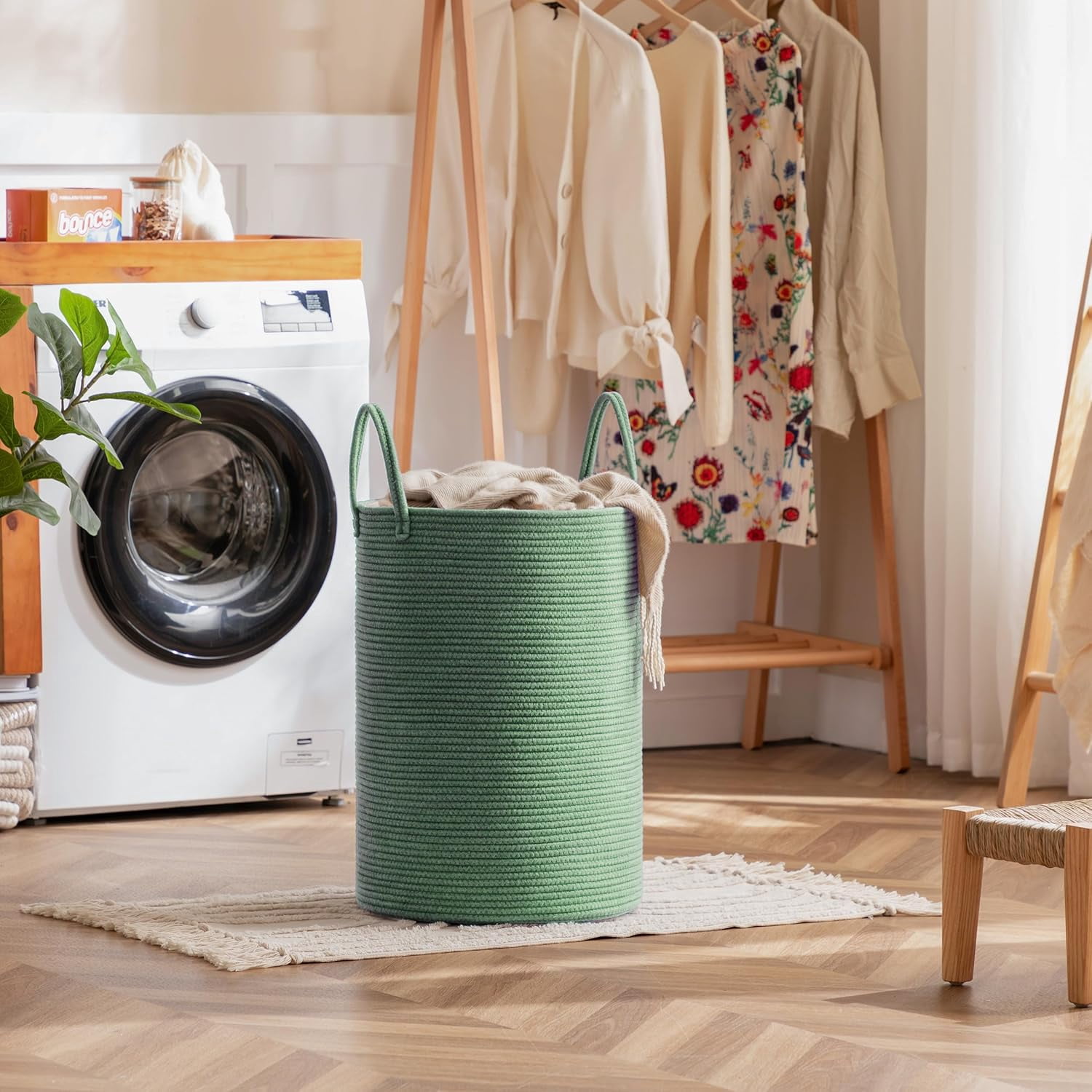 TT-Laundry Basket, 52L Woven Laundry Hamper, Baby Nursery Hamper for Toys, Blanket Basket for Living Room, Clothes Hamper for Bedroom&Baby Room, Green