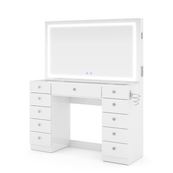 Boahaus Ivy Vanity Set with LED Mirror, Bluetooth Speakers and Storage, White