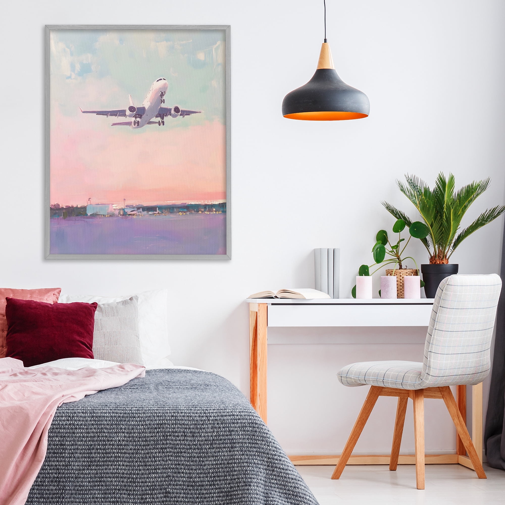 Stupell Industries Airplane Takeoff into Pastel Skies Gray Framed Giclee Art, design by The Prints Vibe