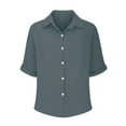 thumbnail image 5 of Pxiakgy Women Linen Shirts Button Down Cotton Short Sleeve Blouses V Neck Collared Button-Up Gauze Tops Wrinkled Fabric Blouse Fashionable and Casual Single Pocket Slit Mid Sleeved Top Shirt, 5 of 9