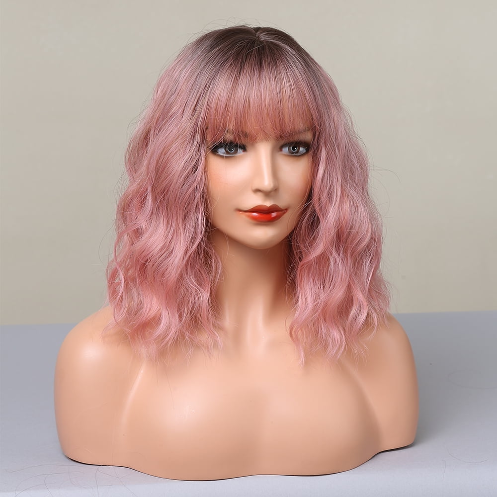 RightOn Short Ombre Pink Wig Black to Pink Wig Short Curly Wavy Pink Wig with Bangs Pink Bob Wigs Heat Resistant Synthetic Wigs