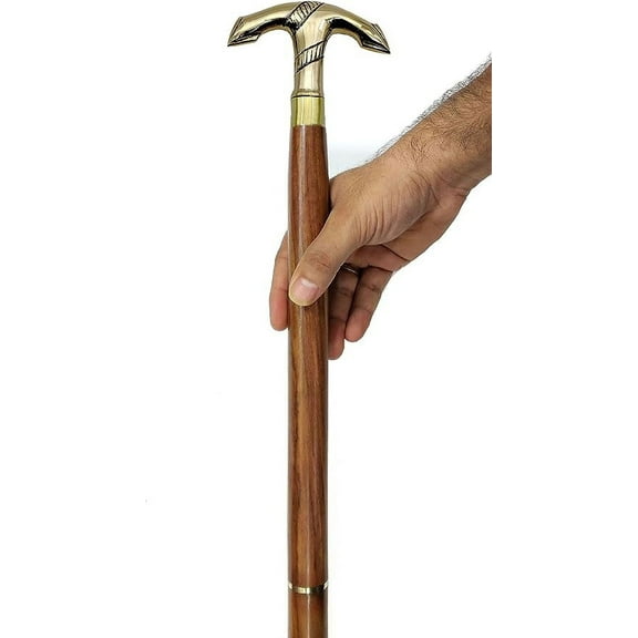 5MOONSUN5's Walking Stick - Men Derby Canes and Wooden Walking Stick for Men and Women - 37" Brown Ebony Brass Anchor Shape Handle in Golden Tone Natural Wood Unisex Cane (WS-455)