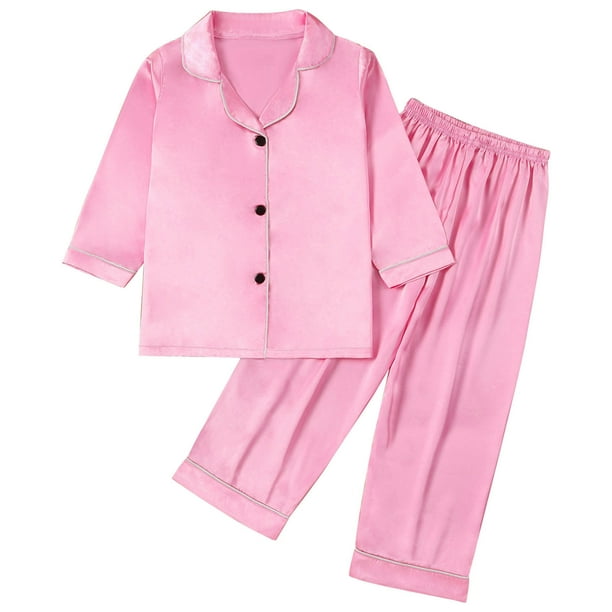 Odeerbi 1-8 Años Niños Niñas Pijama de Satén Con Solapa Entallada Camisa de Manga Larga Conjunto de Pantalones Suave Ropa de Dormir de Dos Piezas Pijama de Dos Piezas