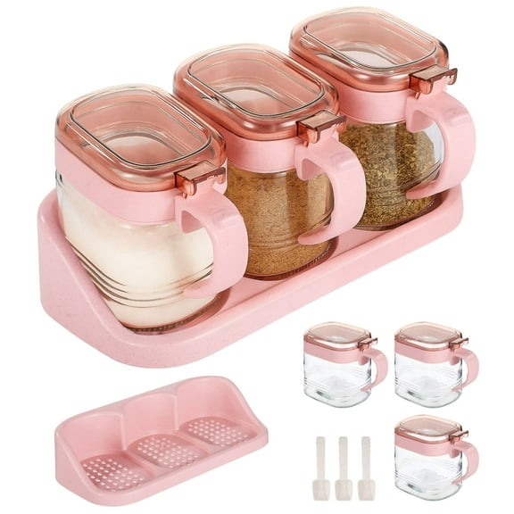 3 Pcs Glass Spice Rack Set,Seasoning Containers,Hanging Wall-Mountable Spice Jars with Lids and Scoops,Easy Installation,Ideal for Kitchen Organization (Pink)