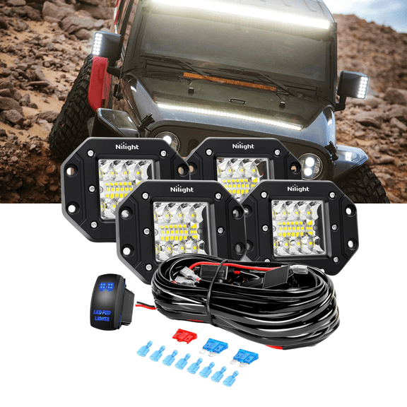 Nilight 4PCS 42W Flush Mount LED Pods Spot Flood Combo Beam Driving Backup Reverse Grill Mount Light with 16AWG LED POD Lights Wiring Harness Kit -4 Leads