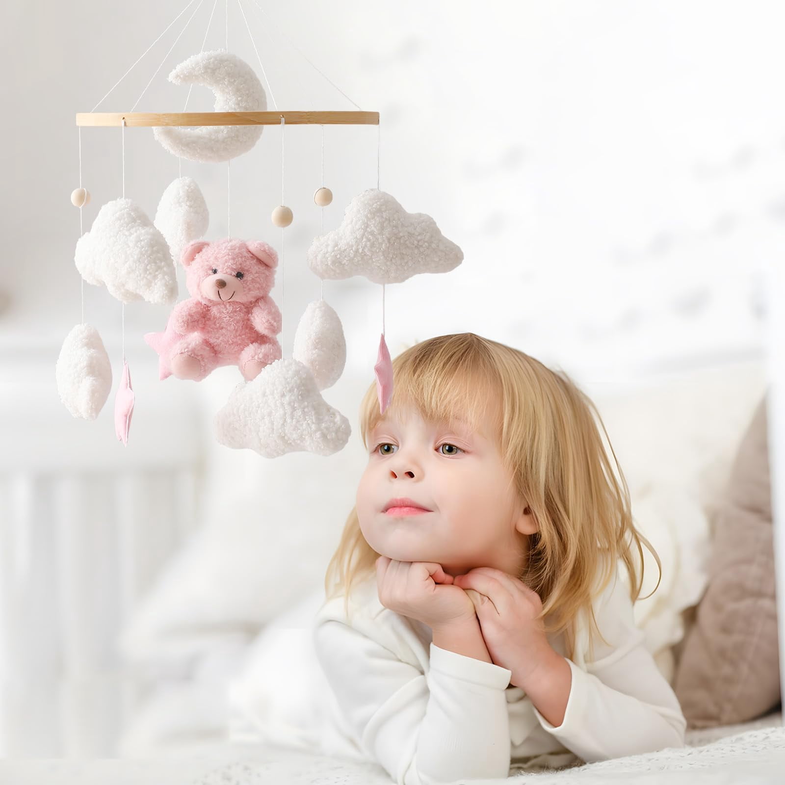 HYPERLIVING Baby Crib Mobile Bear Nursery Mobile for Boys Girls Teddy Velvet Mobile Nursery Decor for Infant Bedroom Hanging Baby Mobile for Bassinet Newborn Baby Gift（Pink Bear）