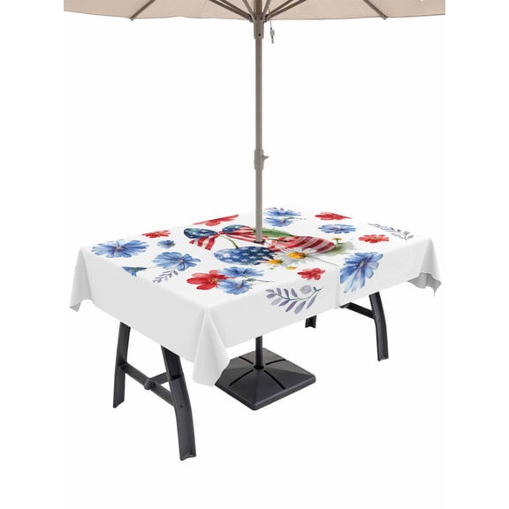Outdoor Tablecloth with Umbrella Hole for Patio/Picnic/Party/Camping, 4th of July Waterproof Table Cloth Rectangle Table Cover Washable, Independence Day Floral Blue Red Vintage (60"x 120")
