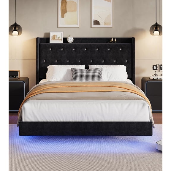 Full Size Bed Frame with LED Lights, Modern Wood Floating Bed Frame with Storage, Velvet Upholstered Headboard with Wingback, Dark Black