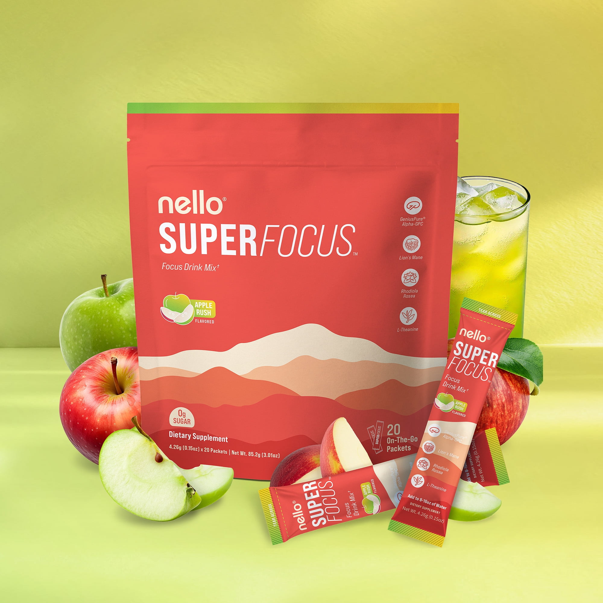Nello SuperFocus Focus Drink Mix – Fruit Punch Flavor – Alpha GPC, Lion’s Mane, Rhodiola & N-Acetyl L-Tyrosine – Sugar-Free, On-the-Go Packets – 20 Travel Packets - Apple Rush