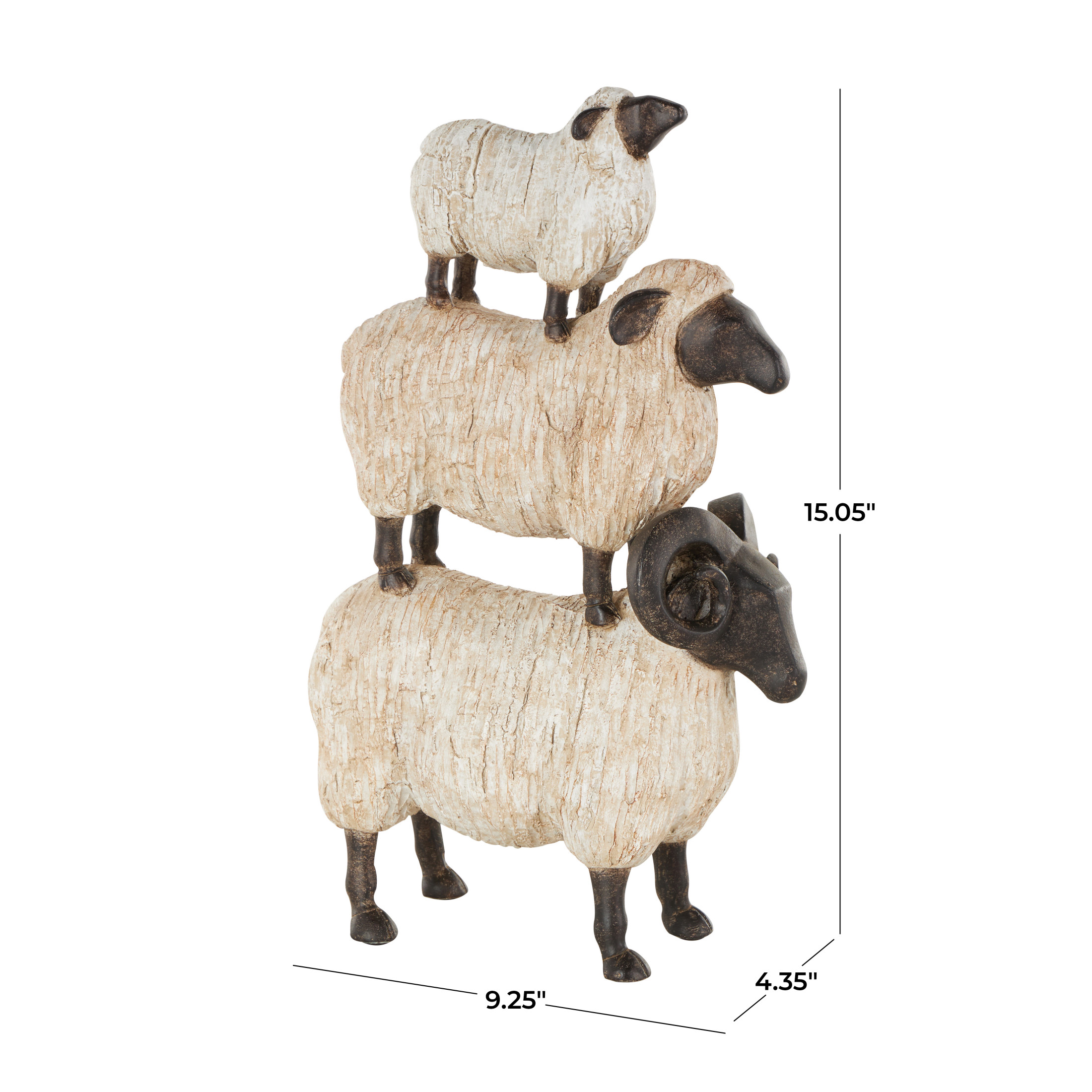 9" x 15" Cream Polystone Stacked Sheep Sculpture with Black Accents, by DecMode