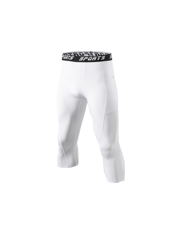 Mens 3/4 Compression Workout Pants, Moisture-Wicking Capri Tights for Gym, Basketball & Running White XL