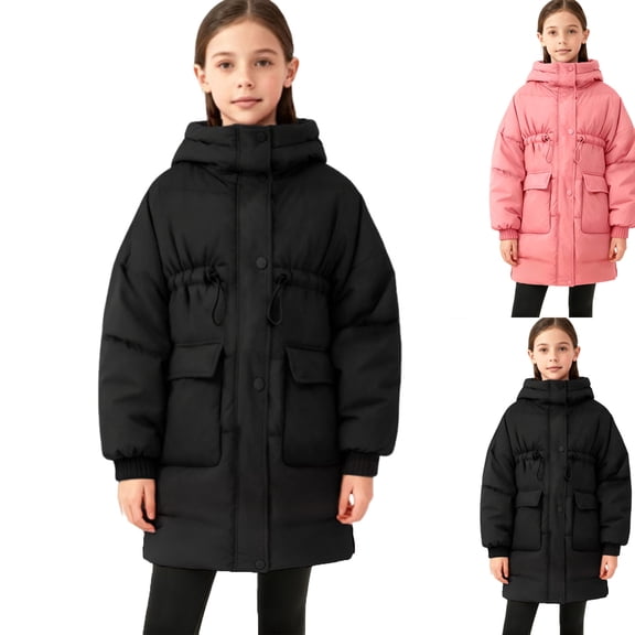 Zpanxa Girls Hooded Drawstring Waist Long Puffer Jacket Kids Loose Bubble Warm Winter Coat with Big Cargo PocketsPink 7-8Years