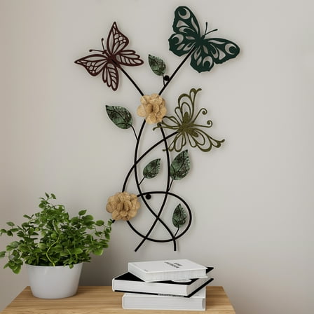 Garden Butterfly Metal Wall Art- Hand Painted Decorative 3D Butterflies, Flowers for Modern Farmhouse Rustic Home or Office Decor By Lavish Home