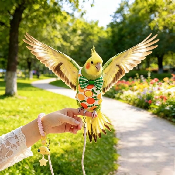 Parrot Harness and Leash Set - Adjustable Bird Flying Leash with Coiled Handle, Orange Fruit Pattern Harness for Budgies Parakeets Lovebirds