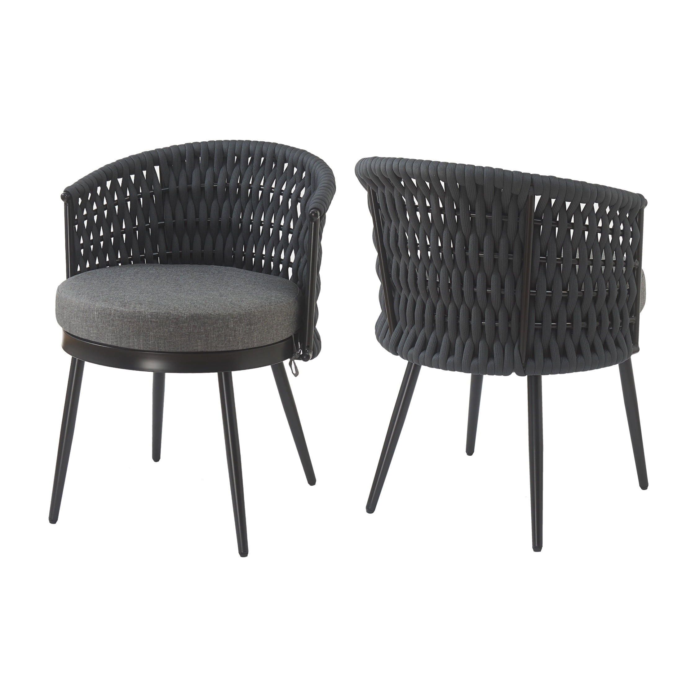 Christopher Knight Home Outdoor Patio Dining Chairs with Metal Frame, Rope Back and Dark Gray Cushions, Set of 2