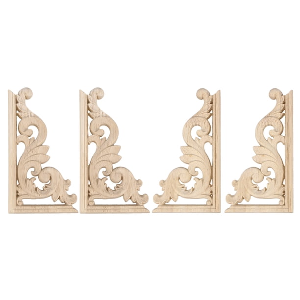 Wood Carved Appliques, Unpainted Decorative Onlays For Furniture - 1 Pair (20x10cm / 7.87x3.94in)