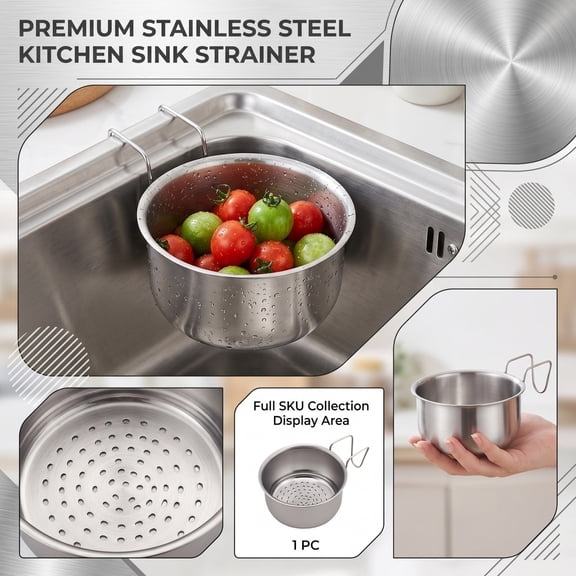 Brixlen Stainless Steel Sink Filter Basket, Hanging Kitchen Sink Colander Strainer, Food Waste Drain Catcher with Hook, Multifunctional Drain Basket for Kitchen Sink Food Residue Filtering