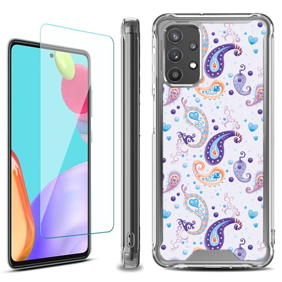 Shockproof Bumper Phone Case for Samsung Galaxy A53 5G, with Tempered Glass Screen Protector, by OneToughShield ® - Paisley Purple