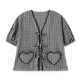 thumbnail image 5 of Women Plaid Babydoll Blouse 3/4 Puff Sleeve Tie Front Shirt Top Aesthetic Ruffle Hem Heart Pocket Lace Up Going Out Tops, 5 of 7