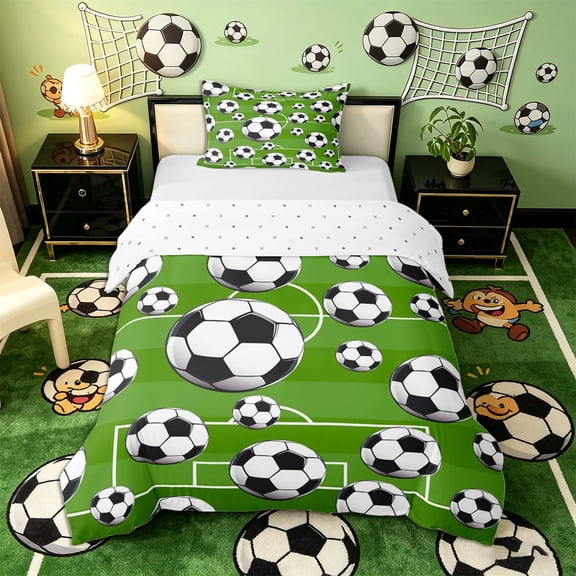 Meiyoeat Sporty Soccer Ball Pattern Twin Duvet Cover for Teens, Playful Football Field Print Twin Bedding for Bedroom, Green Black White,2pcs,No Comforter