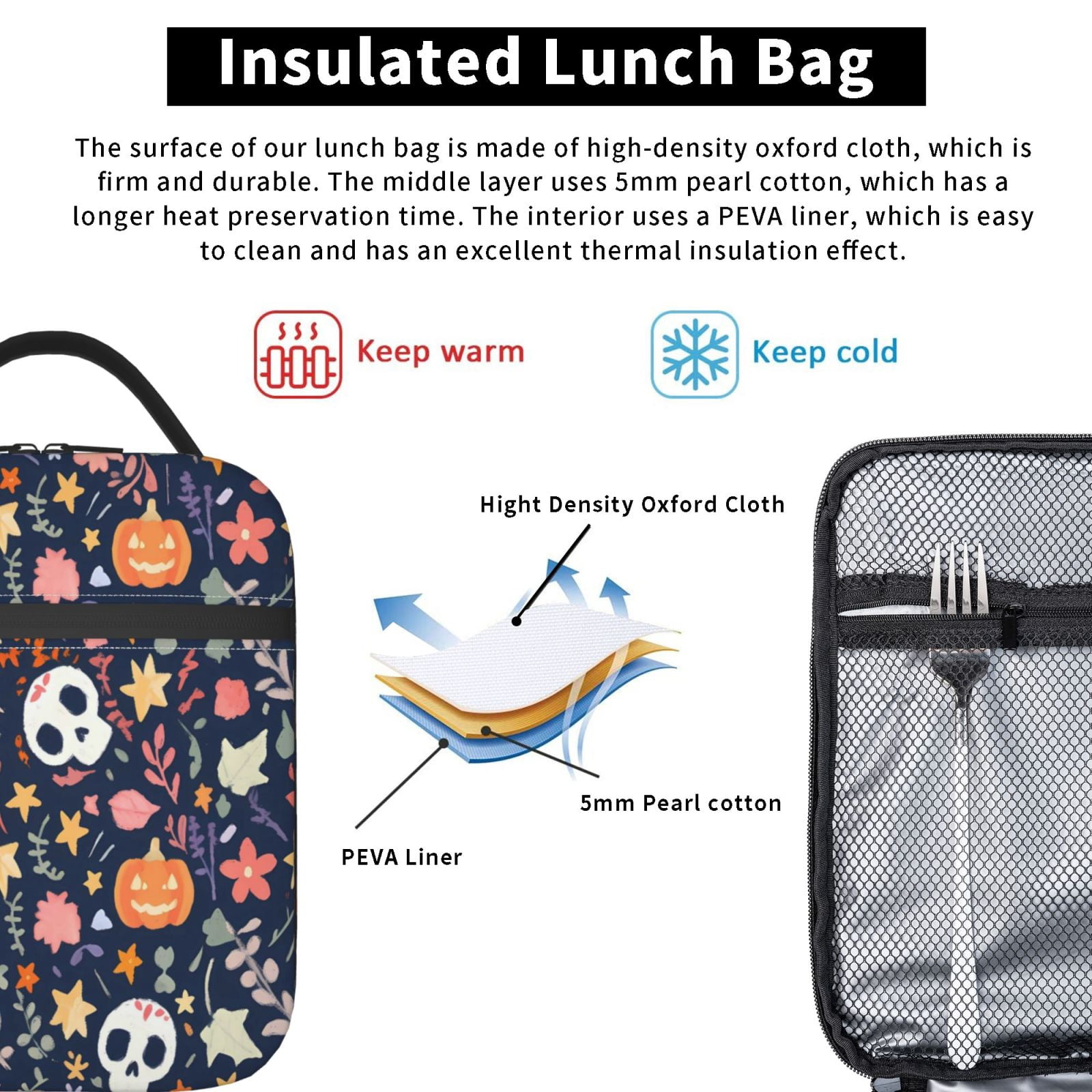 Lunch Bag For Women Men Insulated Portable Lunch Box Bento Box Office Picnic Travel Cooler Bag Skullhead Pumpkin Flower