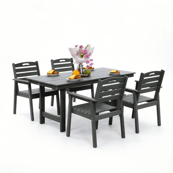 All-Weather 5-Piece HDPE Outdoor Dining Set, 67-Inch Patio Table with Umbrella Hole and 4 Armchairs, Gray