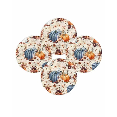 Fall Round Placemats Set of 4 Orange Blue Pumpkin Place Mats Thanksgiving Woven Placemat Vintage Autumn Leaf Floral Circle Braided Table Mat for Kitchen Dining Table Autumn Party Home Decor 15 Inch