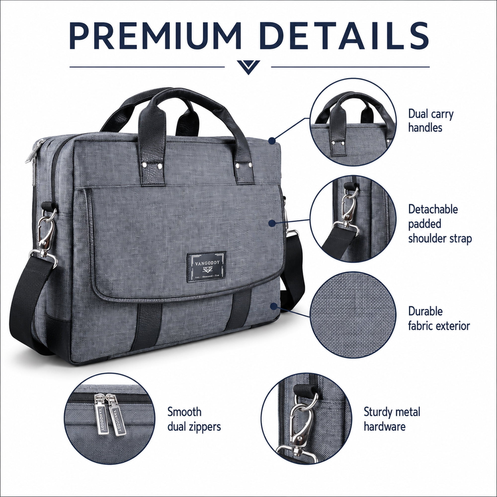 VANGODDY 17 Inch Laptop Messenger Bag, Padded Business Briefcase with Shoulder Strap, Travel Luggage Strap, Gray