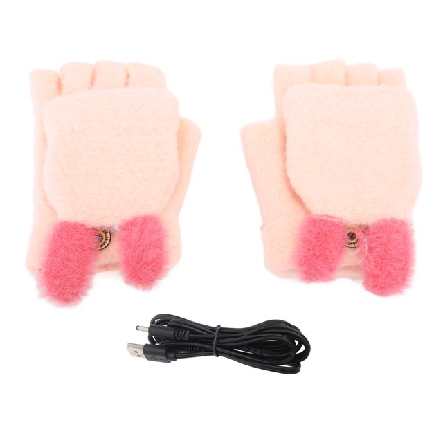Guantes de solapa de punto con calefacción USB, guantes de ordenador con calefacción de invierno de 5V y medio dedo para juegos de mecanografía, color rosa