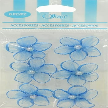 Offray Accessories, Lagoon Blue 3/4 inch 5 Petal Sheer Flower with Pearl Accessory for Wedding, Hair Clips, and Scrapbooking, 6 count, 1 Package