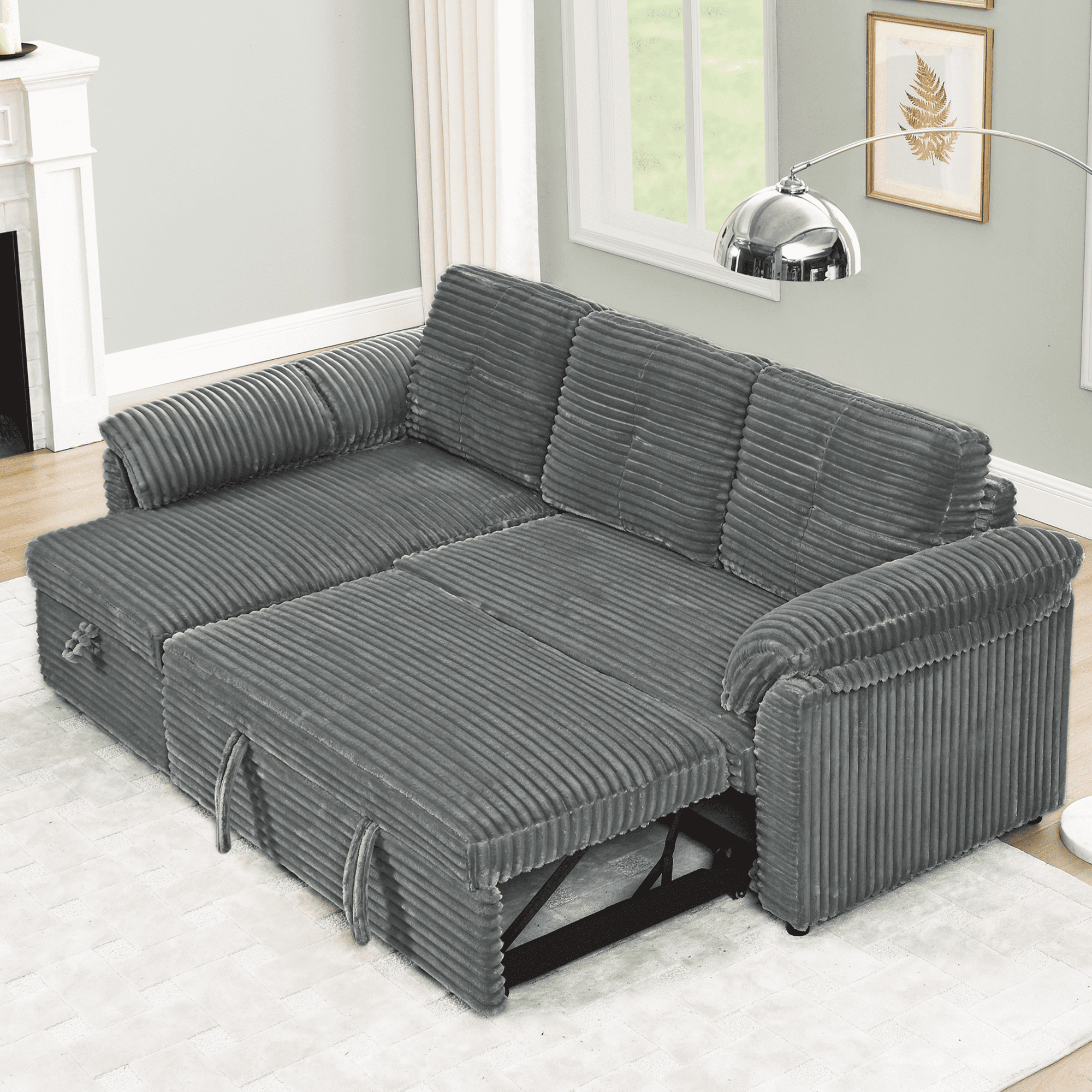 Dinosisco Convertible Sofa Bed with Storage Chaise, Corduroy Sectional Sleeper Sofa Couch for Living Room, Gray