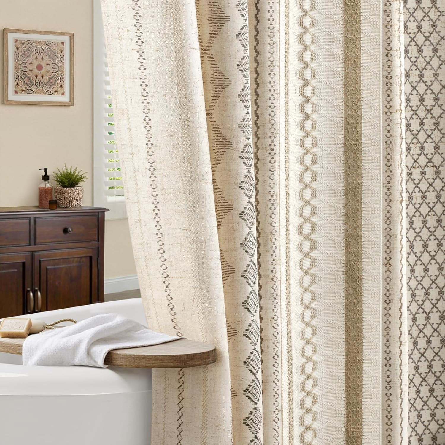 Boho Linen Shower Curtain for Bathroom,with Striped Print and Twine-Inspired Woven Center,72" W x 72" L,Beige