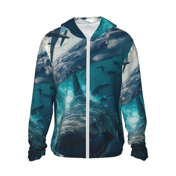 Balery Airplane Shark Sudadera ligera de manga larga con capucha y protección solar UPF 50+ para hombre y mujer, ideal para pesca y running-XX-Large