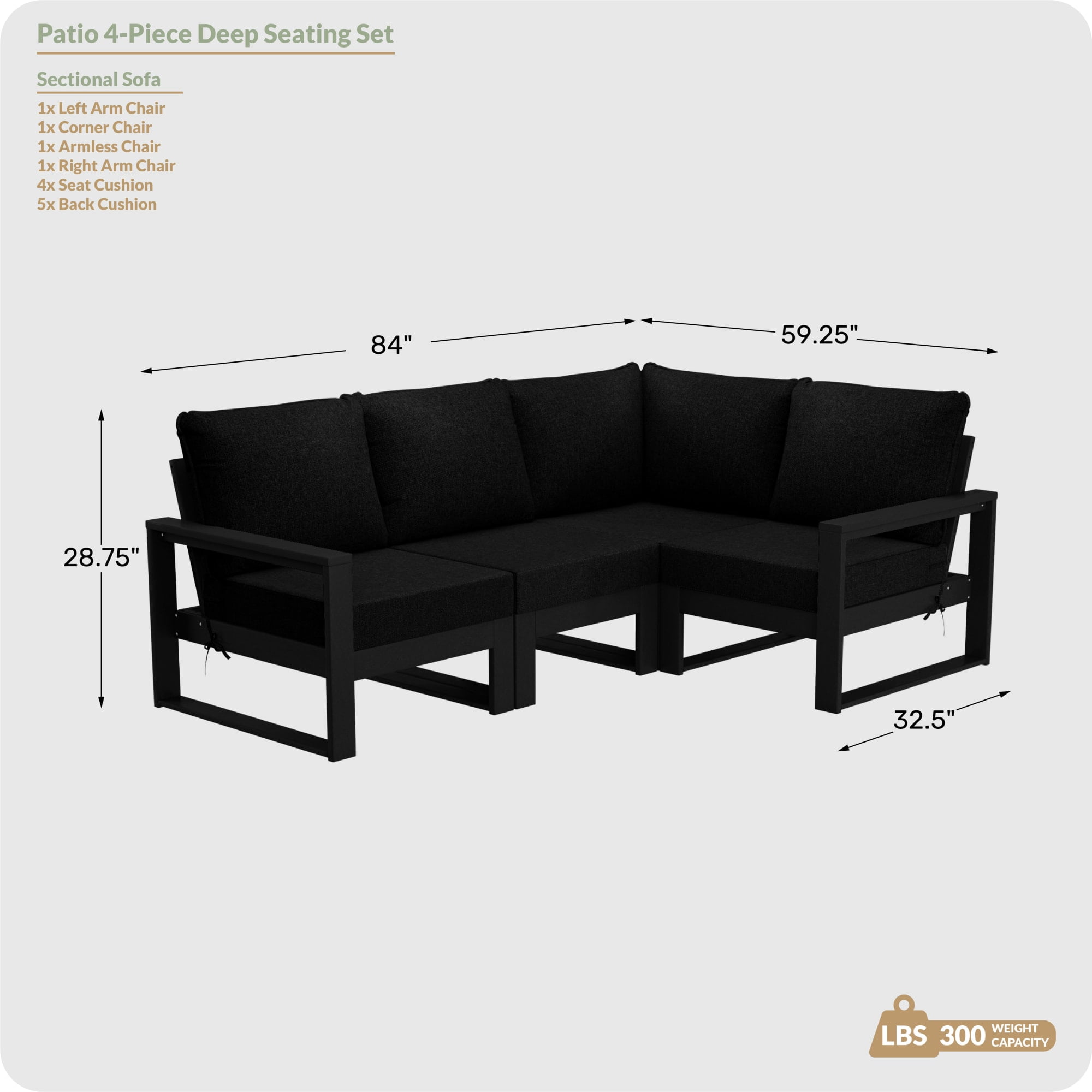 WestinTrends Montara Outdoor 4-Piece HDPE L-Shaped Modular Patio Sofa Furniture Set, Gray/Black