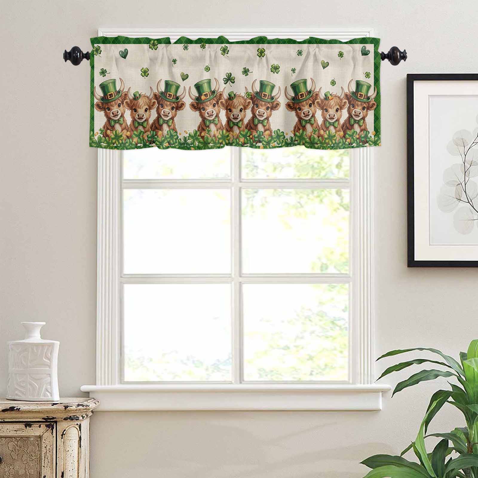 St. Patrick's Day Kitchen Curtains Valances and Tiers Set of 3 Watercolor Green Hat Cow Shamrock Love Linen Texture Tier Curtains and Valance Rod Pocket Valance Curtains Set s 36 Inch Length