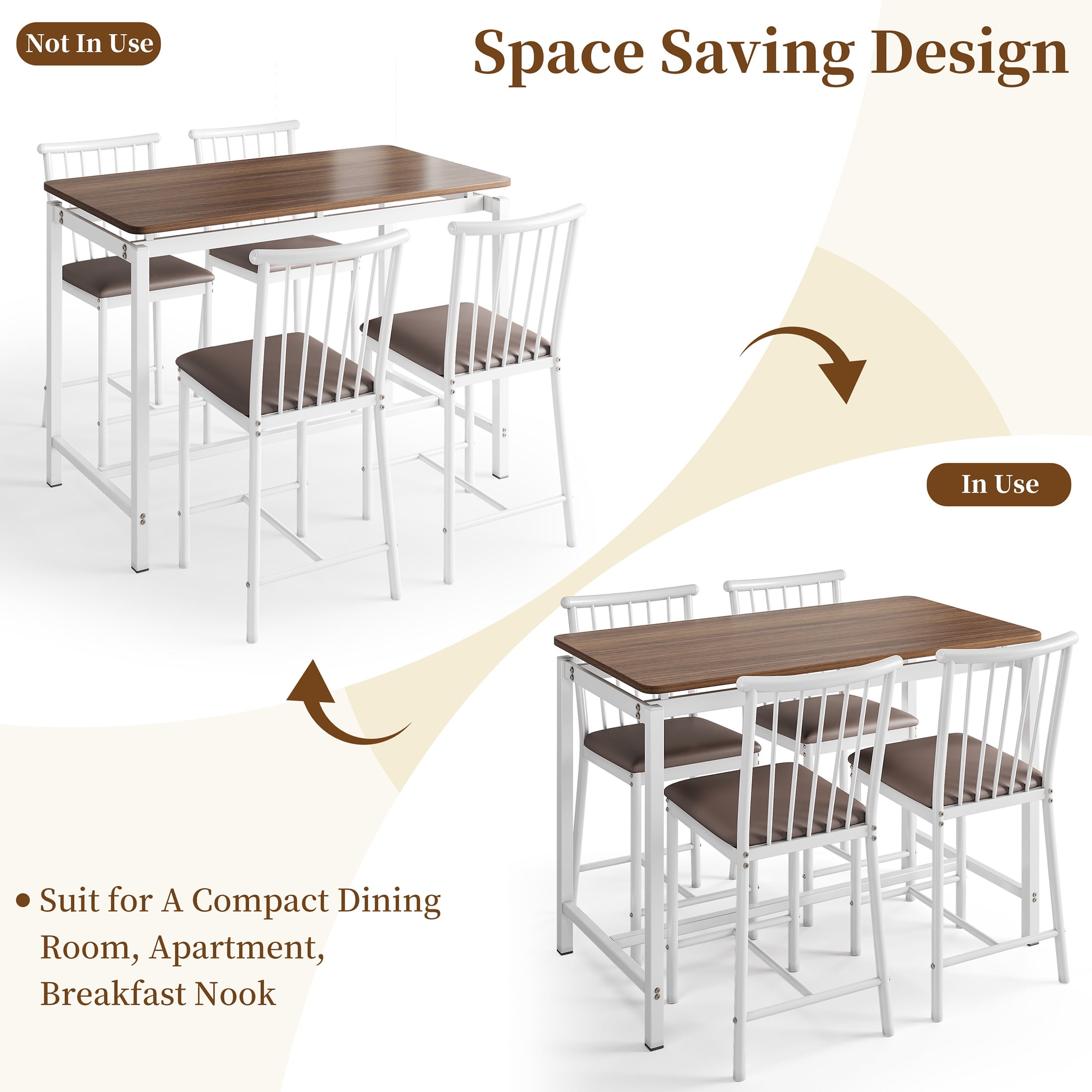 PORKISS Counter Height Dining Set for 4, Breakfast Bar Table Set with Table and 4 Leather Cushion Chairs, Wood Top Pub Table & Chair Set for Kitchen Apartment Bistro, Brown+White