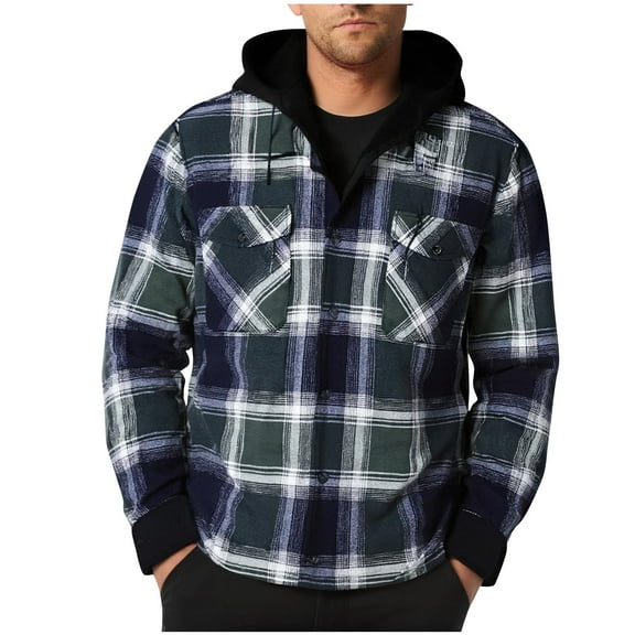 Mgmyaa Men's Hooded Flannel Shirt Jacket Fleece Lined Insulated Plaid Button Up Long Sleeve Winter Top