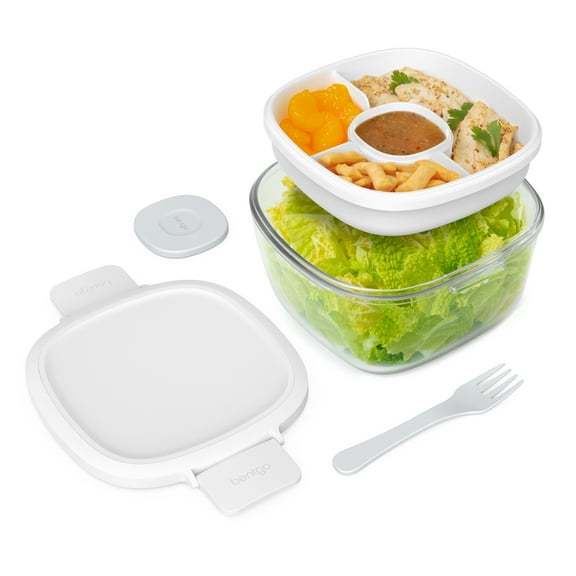 Bentgo Glass - Leak-Proof Salad Container with Large 61-oz Salad Bowl, 4-Compartment Bento-Style Tray for Toppings, 3-oz Sauce Container for Dressings, and Built-In Reusable Fork (White)