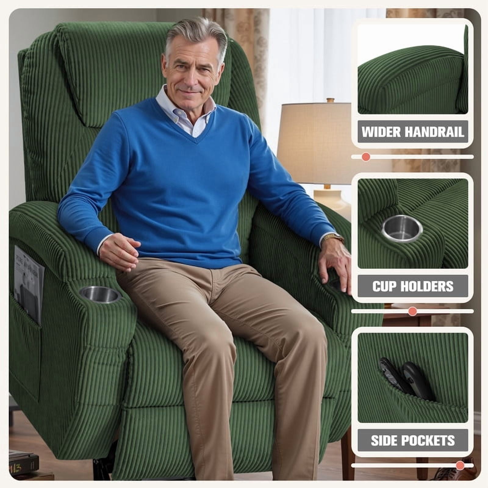 Homall Power Lift Massage Recliner Chair with Eight Vibrating Massages Ergonomic Chair with Side Pocket and Soft Corduroy for Living Room,Green