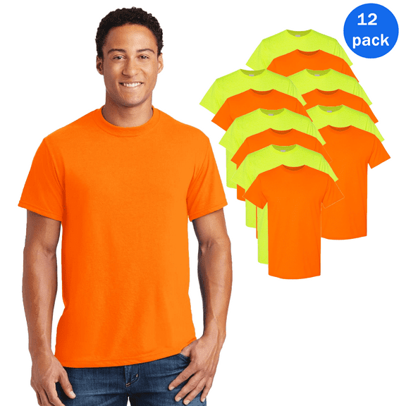 Gildan High Visibility Safety T-Shirt for Men’s | Hi Vis Workwear Short Sleeve Shirt Safety Green and Orange 5.3oz 50/50 Cotton/polyester Tee, Size S, Pack of 12