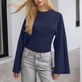thumbnail image 2 of Dyfzdhu Long Sleeve Shirts For Women New Solid Color Round Neck Front Shoulder Wide Sleeve Waist Cinching Long Sleeved Personalized Womens Blouses, 2 of 7