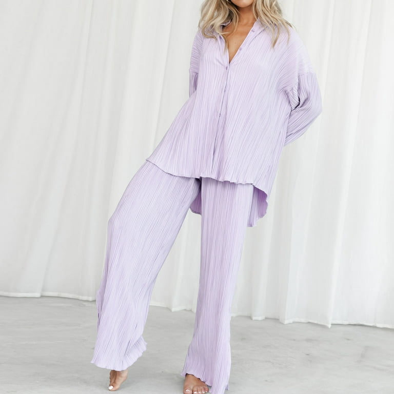 Lisingtool Pajamas for Women 2 Piece Outfits Casual Long Sleeve Loose Fit  Button Down Shirts Blouses Tops Wide Leg Long Pants Sets Pants for Women