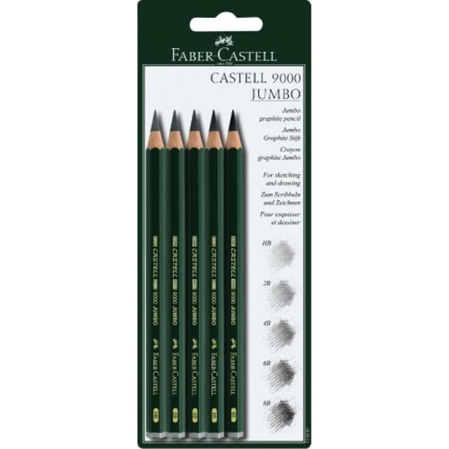 Faber-Castell 5 Piece Quality Castell 9000 Jumbo Graphite Pencils Blister Card Set, Including HB, 2B, 4B, 6B and 8B (119397)