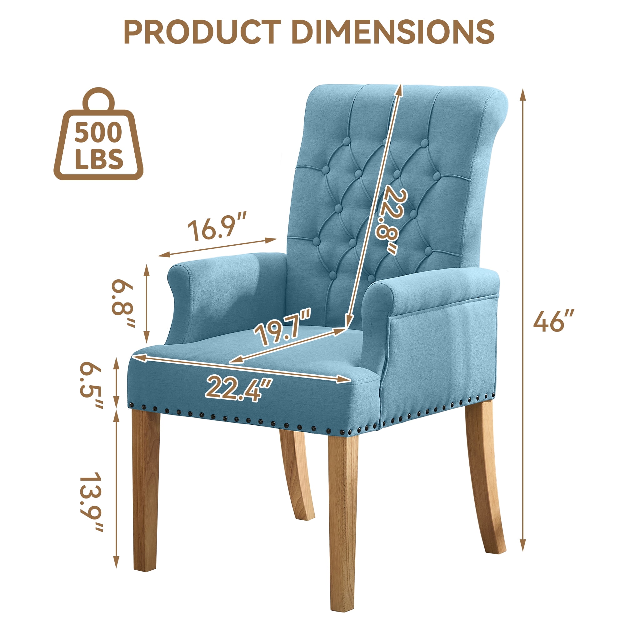Fabric Upholstered Dining Chair with Arms, Tufted High Back Accent Coffee Armchair for Kitchen Dining Room Living Room, Blue
