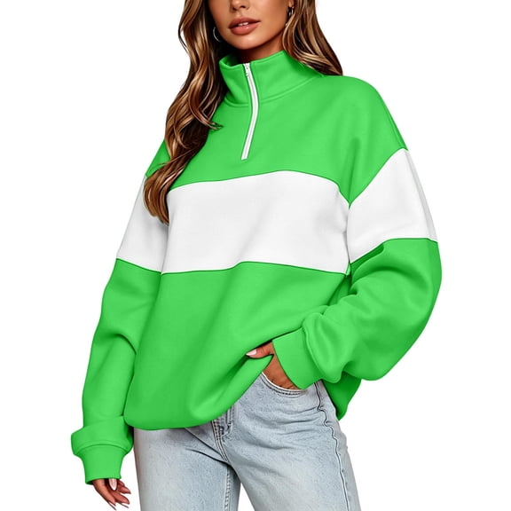 Women Fall Sweatshirt Casual Color Block Pullover Fall Top 2026 Clothes | Fashion Preppy Y2k Overszied, Long Sleeve, Quarter Zip, Trendy, Loose Fit, Zipper School Teacher Outfits