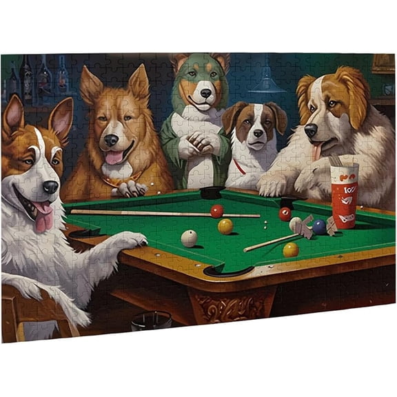 Puzzles for Adults 500 Pieces Jigsaw Puzzles Dogs Playing Pool Billiards Formation Wooden to Explore and Enjoy Gifts Home Decoration